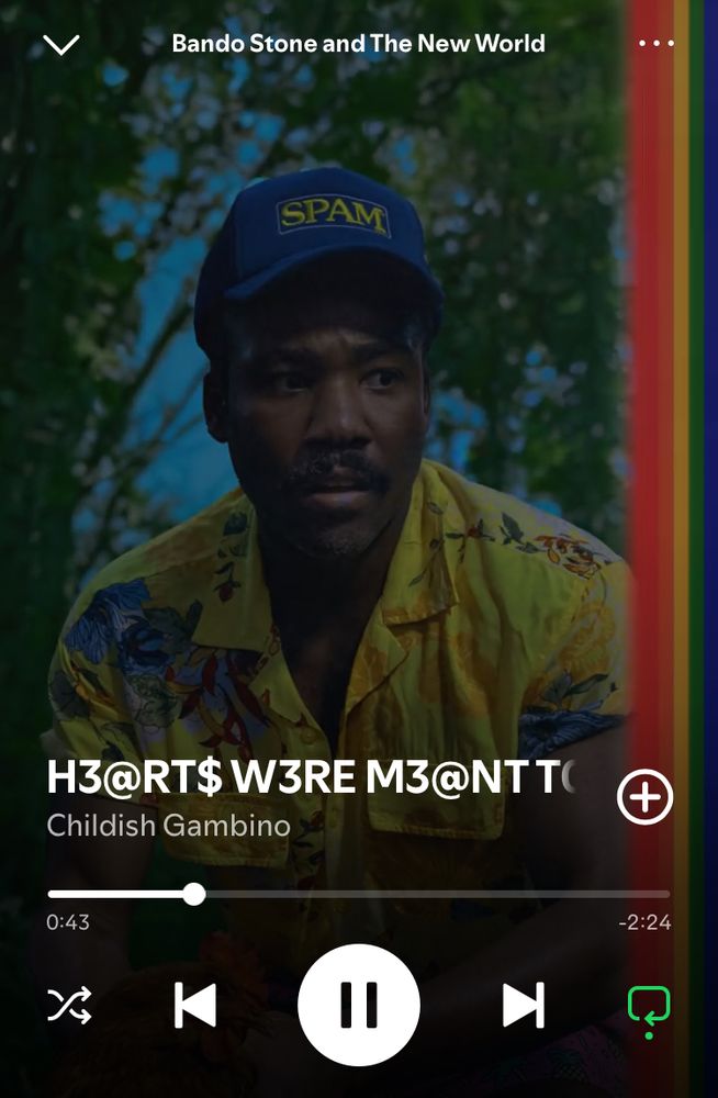 Spotify screenshot of the song H3@RT$ W3RE M3@NT T0 F7Y, from Childish Gambino's album Bando Stone and The New World