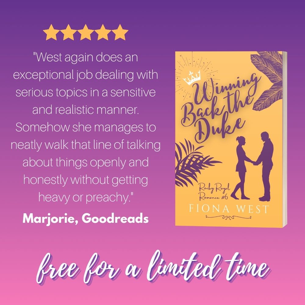 Five stars sit at the top of the review. West again does an exceptional job dealing with serious topics in a sensitive and realistic manner. Somehow she manages to neatly walk that line of talking about things openly and honestly without getting heavy or preachy. Marjorie, goodreads. Free for a limited time. On the right side of the page a gold and purple book cover with tropical leaves are on the edges and a couple of holding hands in silhouette sits. The title is winning back the Duke and the author is Fiona West.