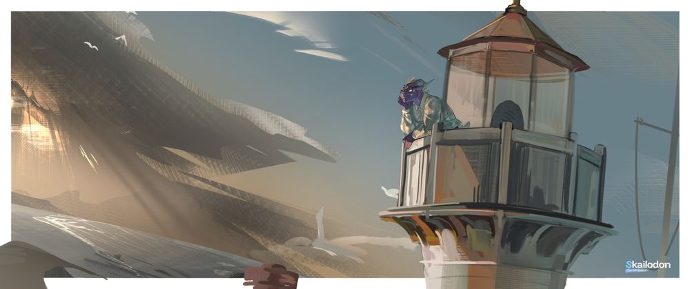 An indigo anthropomorphic dragon leaning off a lighthouse tower looking into the background (a beach)