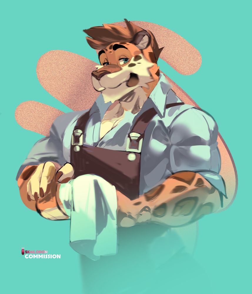 An anthropomorphic jaguar wearing a dress shirt and apron wiping down a cup.