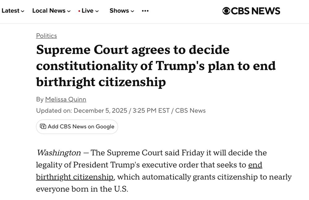 The language of the 14th Amendment is beyond clear:

"All persons born or naturalized in the United States, and subject to the jurisdiction thereof, are citizens of the United States and of the State wherein they reside."

Lower court judges know this. But the six SCOTUS rightwing ideologues have shown themselves to be poor stewards of the Constitution. 