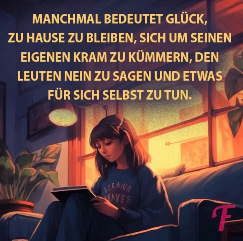 Bild mit einem nachdenklichen, lesenden Mädchen auf einem Sofa mit folgendem Text: „Manchmal bedeutet Glück, zu Hause zu bleiben, sich um seinen eigenen Kram zu kümmern, den Leuten nein zu sagen und etwas für sich selbst zu tun.“