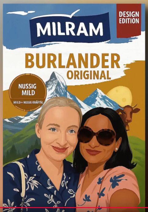 Milram Käsepackung im Stil der aktuellen Kampagne zeigt ein weibliches Pärchen das verdächtig nach Alice Weidel und Freundin aussieht vor schweizer Alpenpanorama. 