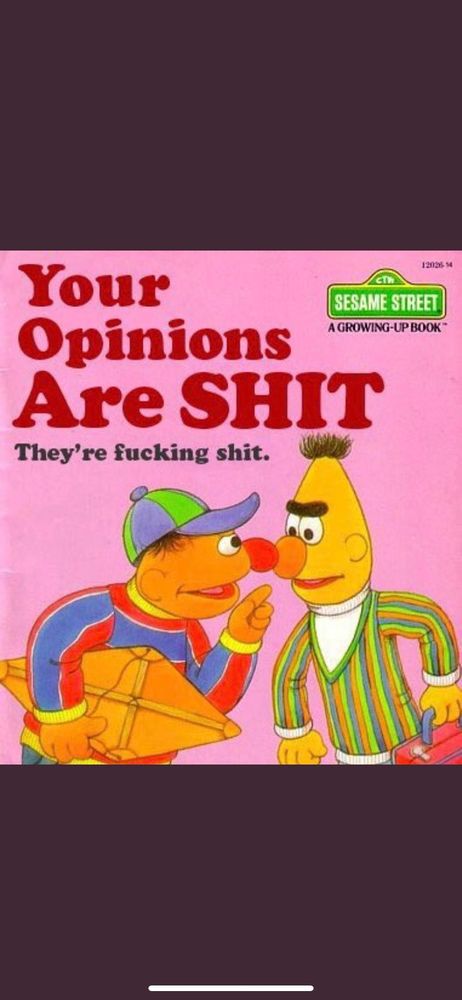 An altered Sesame Street children's book. The characters Bert and Ernie are having an argument, Ernie is holding a diamond shaped kite. They are nose to nose. The title of this altered book is "Your Opinions Are SHIT, they're fucking shit."