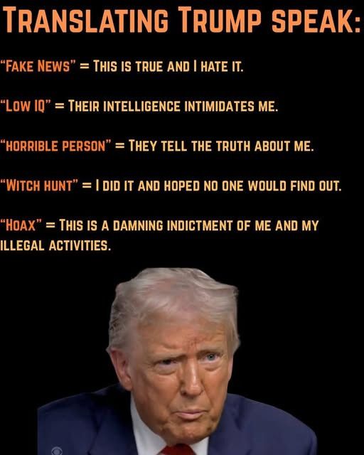 TRANSLATING TRUMP SPEAK:
"FAKE NEWS" = THIS IS TRUE AND I HATE IT.
"LOW 1Q" = THEIR INTELLIGENCE INTIMIDATES ME.
"HORRIBLE PERSON" = THEY TELL THE TRUTH ABOUT ME.
"WITCH HUNT" = I DID IT AND HOPED NO ONE WOULD FIND OUT.
"HOAX" = THIS IS A DAMNING INDICTMENT OF ME AND MY
ILLEGAL ACTIVITIES.