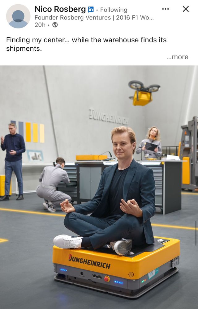 Nico Rosberg sitting crosslegged on something in the Warehouse. I don’t really know either sorry.