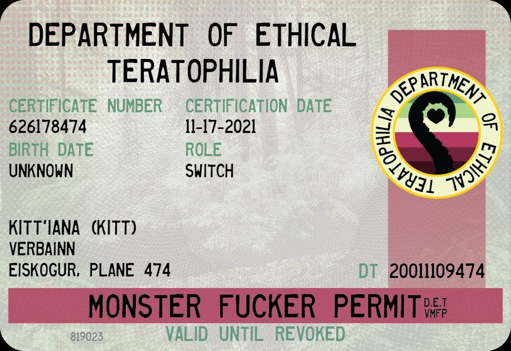 Custom Monsterfucker permit made by me. If you want one for yourself feel free to DM me