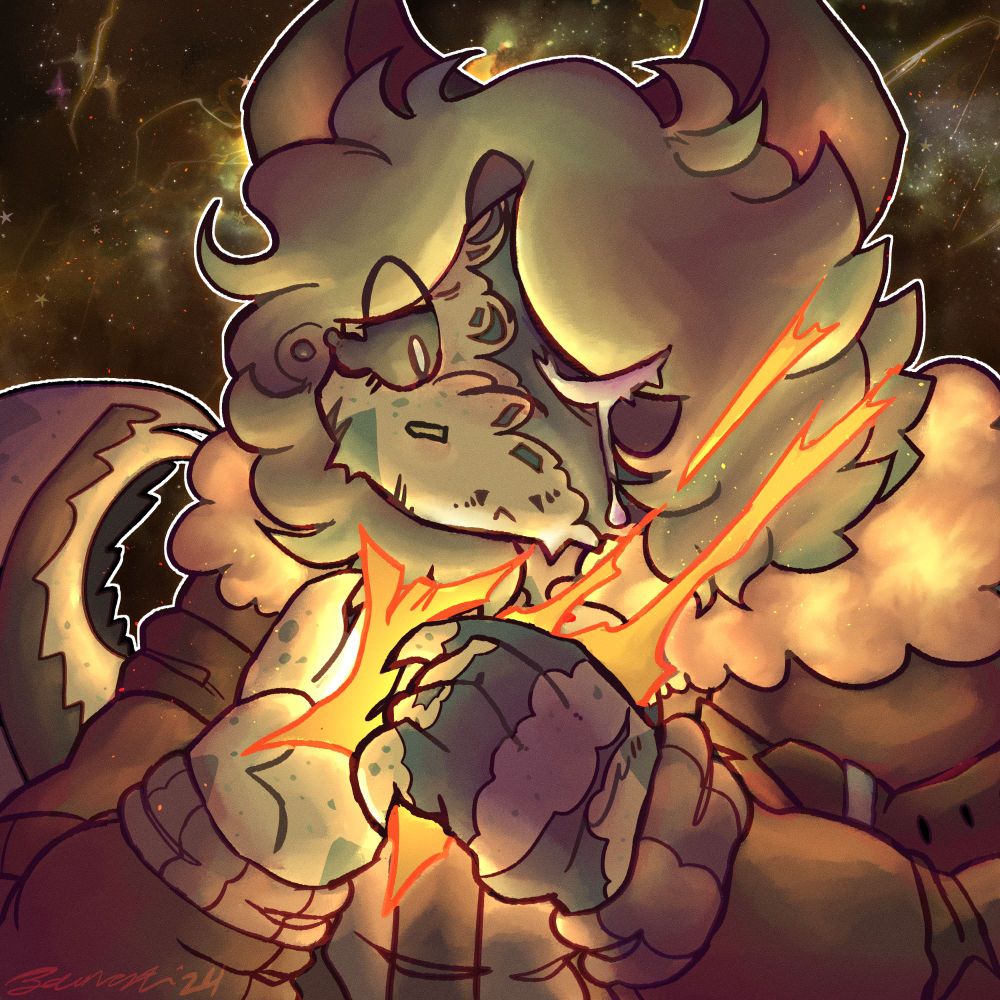 a painted drawing of a humanoid lizard person in a warm yellow and deep brown color palette. he has burn scars on left side of his face and hands. he is holding a golden star that is tearing away. he is crying. the background is space themed