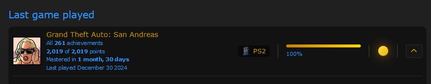 Screenshot of my retroachievements.org profile, cropped to the part where it says Grand Theft Auto: San Andreas 100% completed.