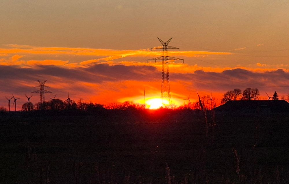 Sonnenuntergang am Horizont mit Wolken. Strommasten und Bäume 