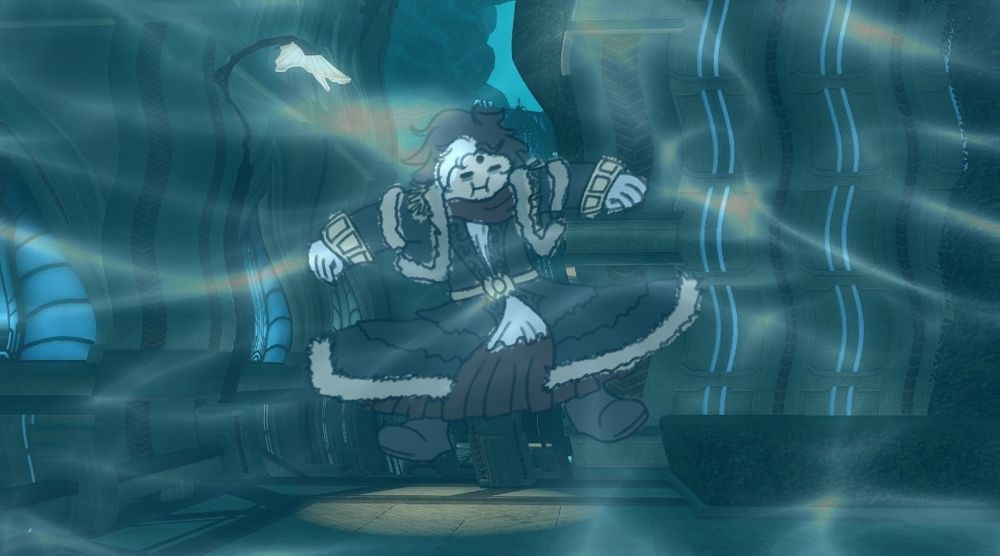 a very roughly-drawn chibi Emet-Selch placed on top of a screenshot of Amaurot in the Tempest, with Tumblr's underwater filter over it all. Emet-Selch is holding his breath with his cheeks puffed out; and he, his hair, and his clothes are floating inelegantly