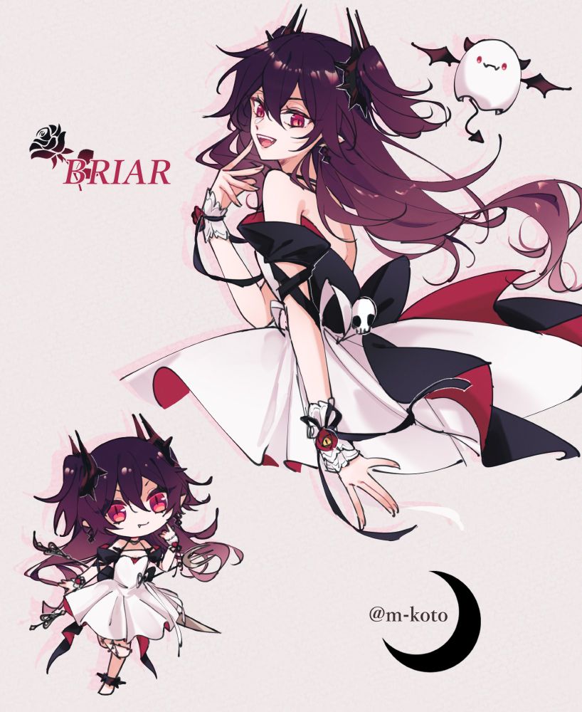 Briar
She/her
The castellan of the Blood Night Castle. She's the last vampire of her clan, and lives in solitude in a castle that only appears during the red moon. Fond of masquerades, she holds a ball every total lunar eclipse, inviting guests from far and wide. Rumour has it that the Blood Night Castle is a "utopia" where both Sky and Sea-dwellers can coexist peacefully.

Character sheet page of a girl dressed in black and white, with ribbons and spikes, and red accents. She has dark purplish hair and blood red eyes. A strange bat-like ghost creature...thing...called "Boo" always accompanies her. A chibi fullbody on the side, her weapon of choice is a giant knife and fork. Motifs: Rose, Thorns/Briar/Brambles, Spikes, Ribbons, Blood. 
OC made for Sky x Crossing #skycross