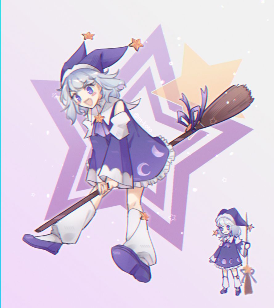My OC Illycia "Illya" Orpheus in an apprentice witch design decorated with stars.
A girl riding on a broom, with silver hair and a purple colour palette.