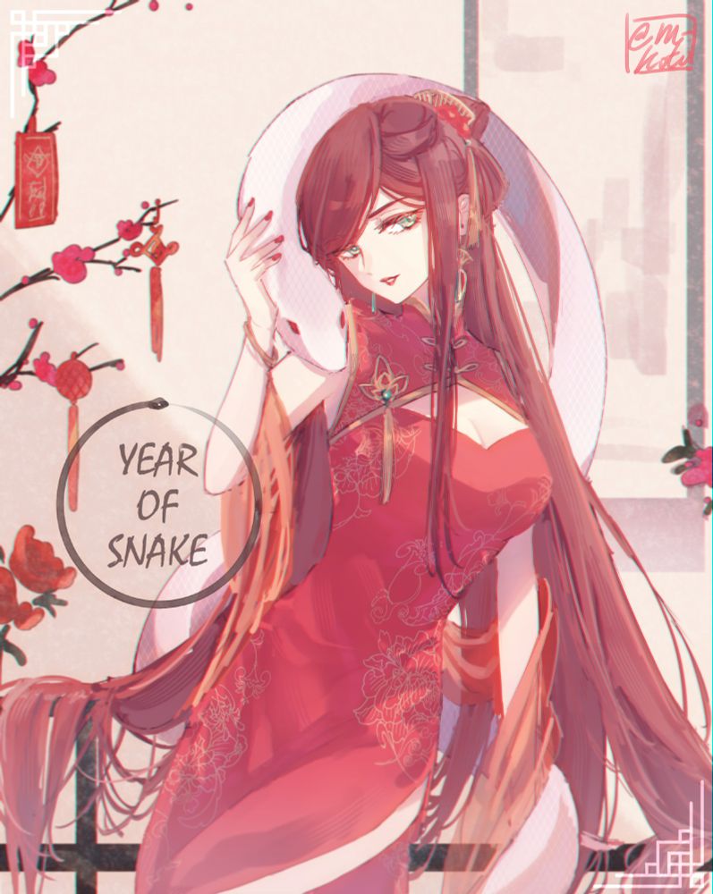 Late Lunar New Year art to celebrate the year of the snake!
My starmyu OC Rie Mitsugi in a red qipao/cheongsam with a white snake coiled around her. She has long burgundy hair that drapes down, a good figure, a seductive gaze and red lips. Chinese decorations are in the background for prosperity. Her zodiac motif is the snake.