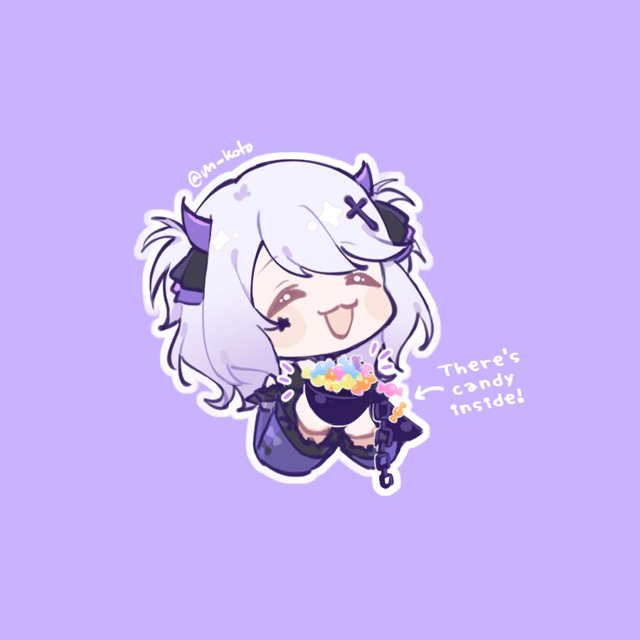 Chibi of my OC Illya. A girl with silver hair dressed as a Little Devil for Halloween. There's candy inside of her ball & chain!