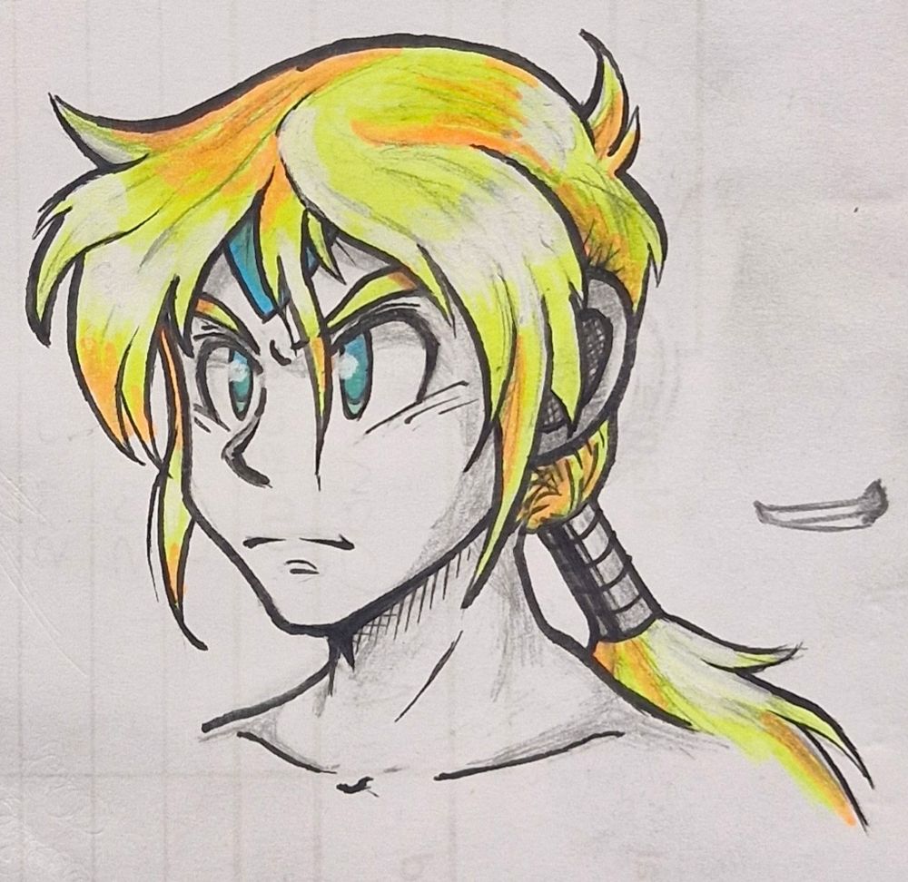 Zero from Megaman X,
Shown without his usual red helmet, he sports a long whispy blonde fringe with centrepart, pulled back into his trademark ponytail. His blue gem is set into his forehead, with a much stripped back ear-cup design with a microphone like mesh covering.