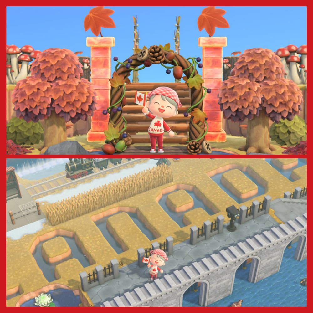 Top- my rep wearing a Canada sweater and holding a Canada flag. In the background are maple leaf trees, umbrellas,  frozen pillars and maple leaf arch.
Bottom- ponds that spell out Canada, my rep is standing on the bridge above.