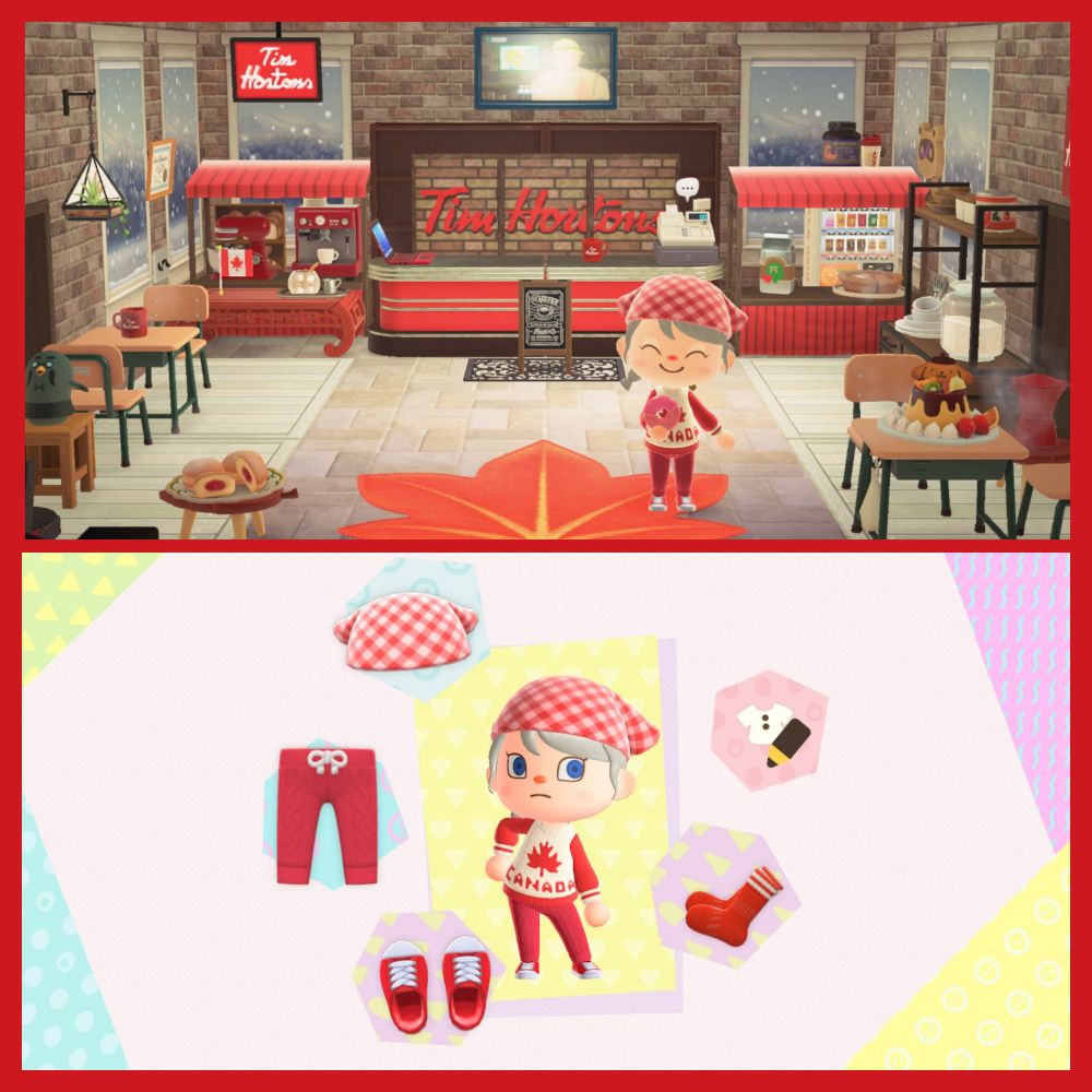 Top-My rep eating a donut in a room that's decorated as a Tim Horton's.
Bottom- my outfit- red &white bandana, red & white Canada sweater, red knit pants, red & white socks, red & white rubber toe shoes.
