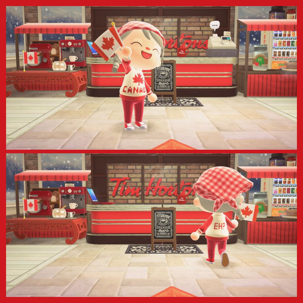 My rep in a Tim Horton's waving a flag. My sweater says Canada with a maple leaf and on the back it says eh?