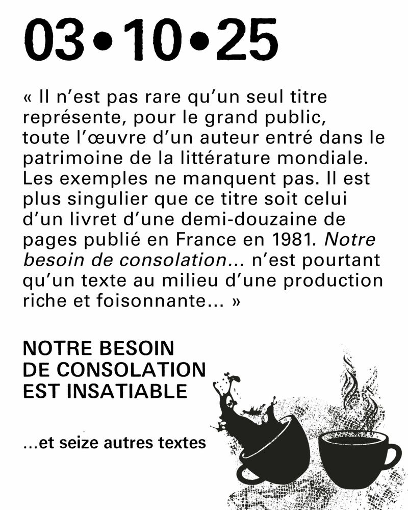 Extrait de la préface des éditeurs et traducteurs :
« Il n’est pas rare qu’un seul titre représente, pour le grand public, toute l’œuvre d’un auteur entré dans le patrimoine de la littérature mondiale. Les exemples ne manquent pas. Il est plus singulier que ce titre soit celui d’un livret d’une demi-douzaine de pages publié en France en 1981. Notre besoin de consolation… n’est pourtant qu’un texte au milieu d’une production riche et foisonnante… »
