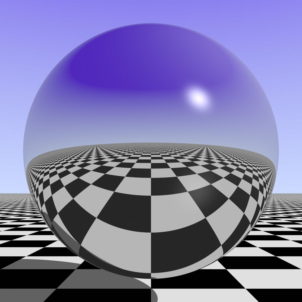 a raytraced mirror sphere, over a checker infinite plane, with a blue sky above it. the sphere is centered and close, with a distorted reflection of the checker pattern providing a wide view of whats behind the viewer.