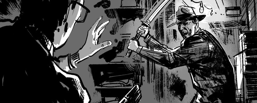 INDIANA JONES AND THE DIAL OF DESTINY storyboard. Indy brandishing a samurai sword. 