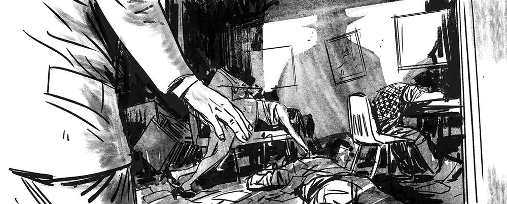 INDIANA JONES AND THE DIAL OF DESTINY storyboard. Indy finds dead bodies at the college. 