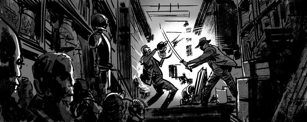 INDIANA JONES AND THE DIAL OF DESTINY storyboard. Indy fights in the archive. 