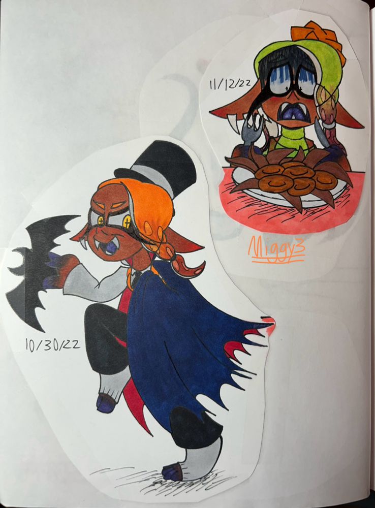 My vampire Frye drawing from 2022 + another doodle of Frye feeling disgusted by a bowl of calamari (bc it’s made from squids)