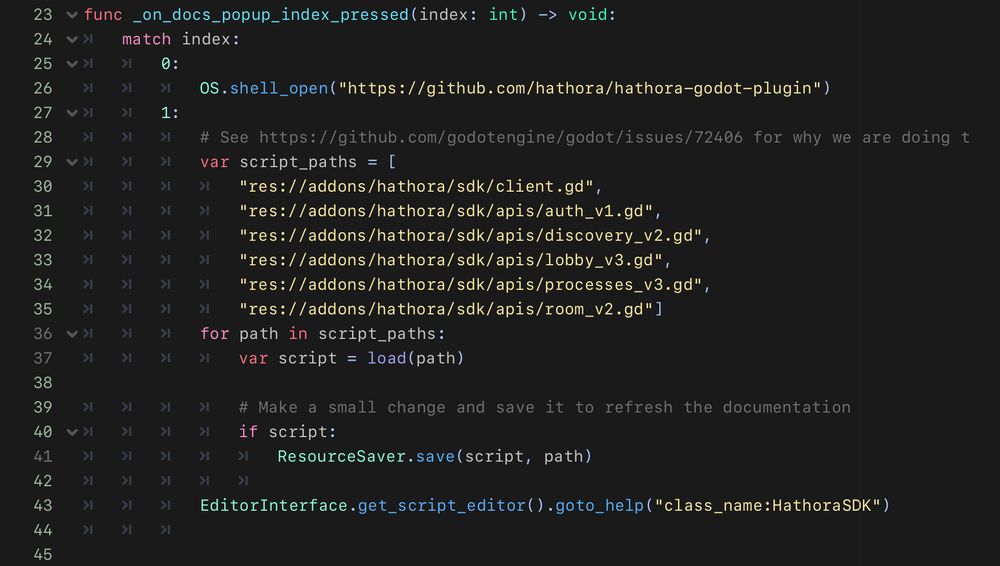 Code snippet showing the code that runs when the user presses the "Open SDK Docs" button. Each of the SDK scripts containing the documentation are loaded and then saved using ResourceSaver.save() before being opened. This is to avoid a Godot bug causing the documentation to disappear.