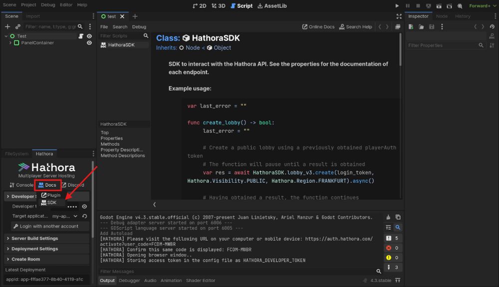 Screenshot of the Godot editor with the Hathora plugin and the Hathora Docs dropdown menu open. In the Script editor, the built in HathoraSDK documentation is open.