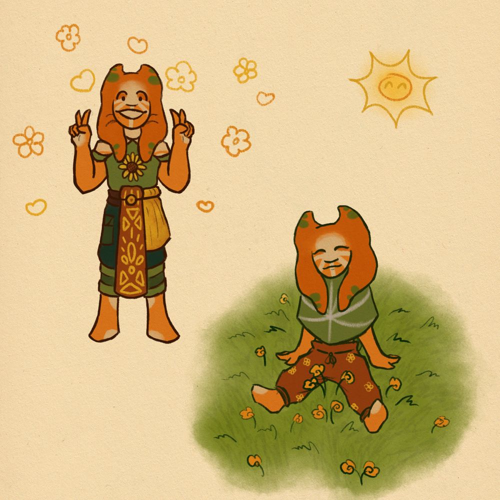 two drawings of an orange togruta girl with light yellow markings; in the first she is doing peace signs and surrounded by doodled hearts and flowers; in the second she is sitting in a patch of grass and yellow flowers, with a doodle of a happy sun above her.