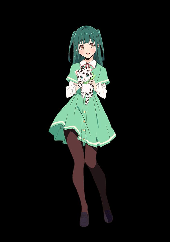 Anime girl with green hair and brown eyes. She's wearing a green dress and is holding an animal plushie.