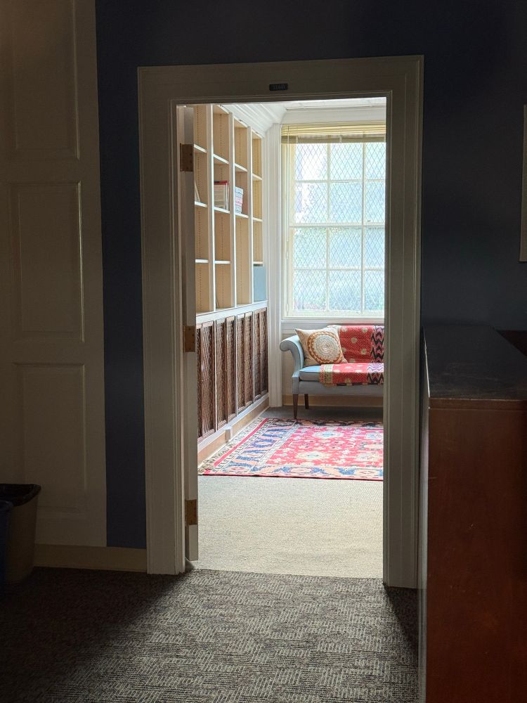 Photo of my door cracked with sofa and rug in background