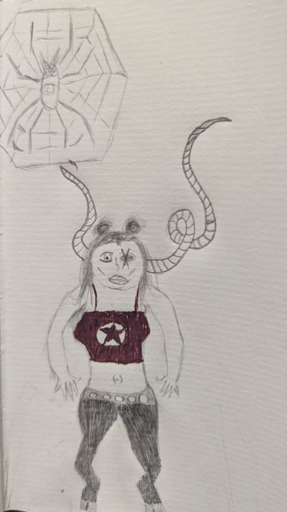 quick sketch of a satyr-type demon lady with big curly horns. she is depicted wearing her hair half-up in space buns & half-down, a crop top with a star in the center & black pants. hooves out. there is a funny creepy spider on its web in the upper left corner of the page