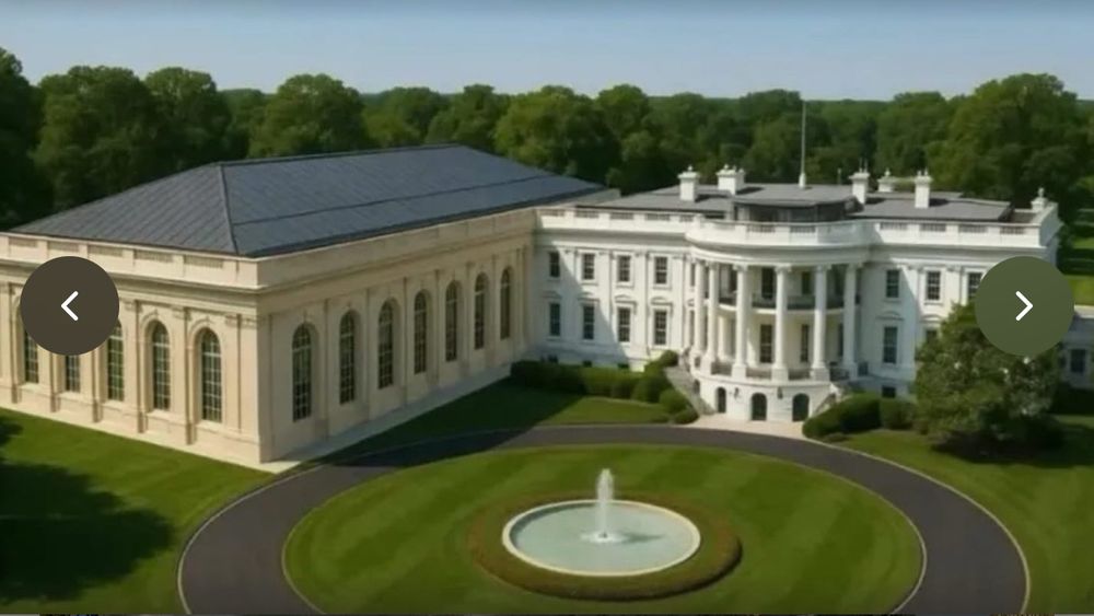 AI rendering of the Corruption Wing, nestled against the east side of the White House. It has a yellowish cast to its stone, contrasting with the white of its more storied partner. 