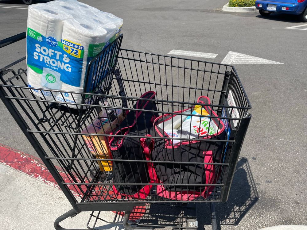 A grocery cart full of groceries