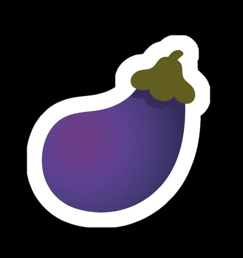 A sticker with just the eggplant from the logo for Eggplant: The Secret Lives of Games, which normally shows cute figures climbing up an aubergine and planting a bright yellow flag of discovery