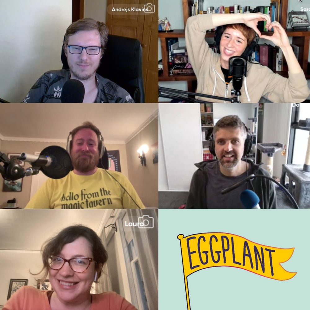 A screenshot of a group of people smiling on a Zoom call. There's also a banner reading "Eggplant", the logo of the podcast