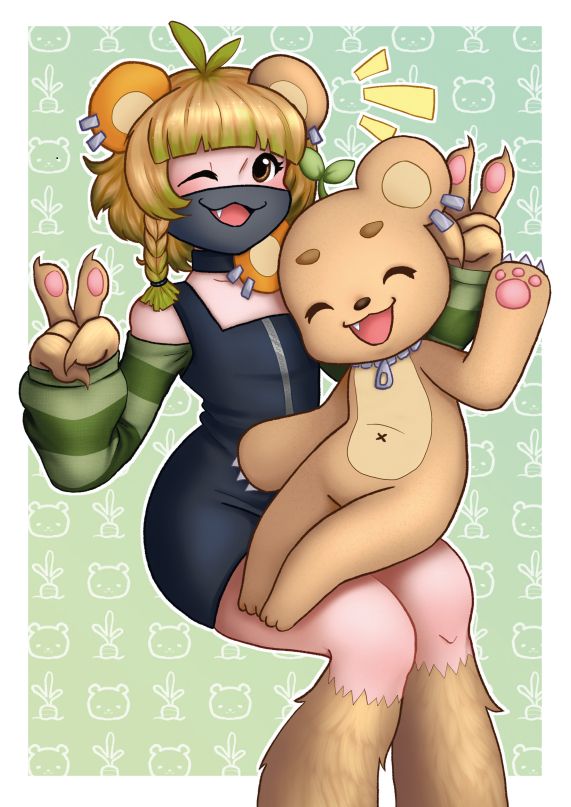 A drawing of the character Bhartleby (a bear with one orange ear and a plant on their head) showcased as two of their forms: one bear-like and one humanoid. Both smiling in the camera in front of a green background.
