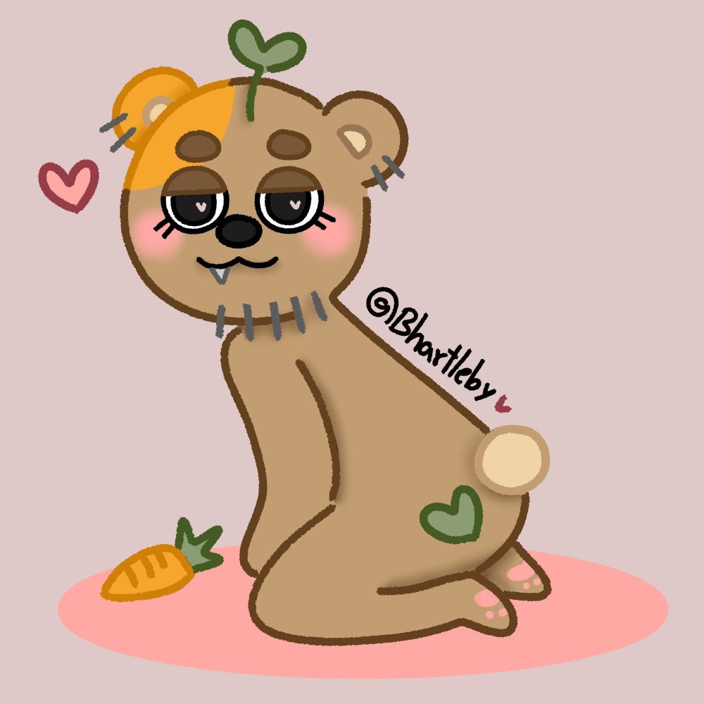 a drawing of the character Bhartleby (a bear with one orange ear and a plant on their head) posing seductively in front of the camera, showing off the heart on their ass.