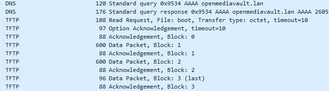 wireshark trace: dns query/response, tftp exchange
