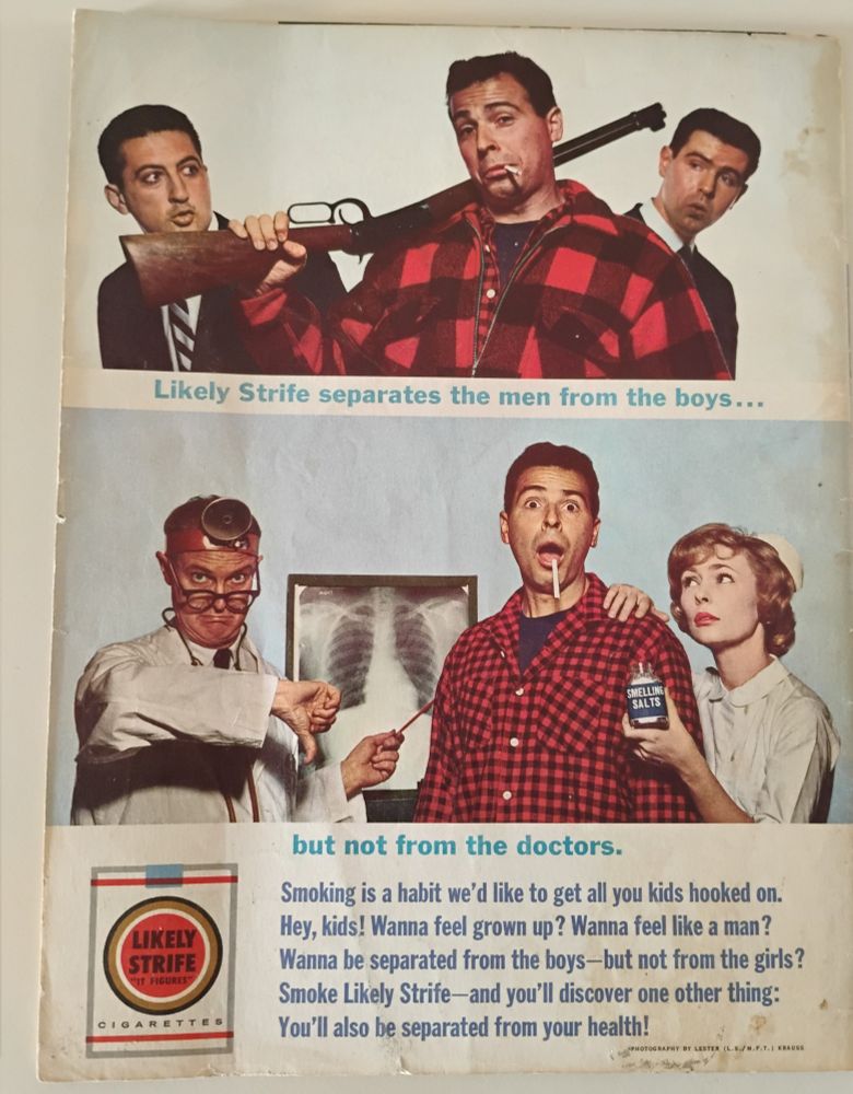 A fake ad of "Lucky Strife", a parody of "Lucky Strike' cigarettes; published on the back cover of issue 86 of MAD Magazine 