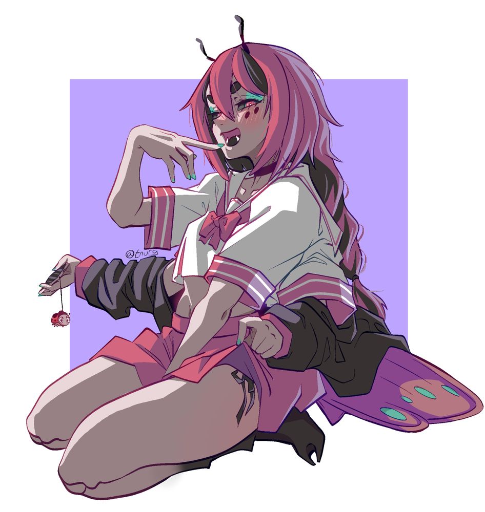 Beri Bug in her newer Ancestral form, but wearing the old Cheri Bug outfit. She's got a pink hue to her now. She's sitting on her knees, one arm holding her skirt down between her legs, one touching her lips, one holding her phone (with bugbro charm) and one is lifting the edge of her skirt up a bit showing off some lacy ties. Yeah, she got 4 arms. she a bug. Her wings are also peeking out from under the hoodie that's worn on her back set of arms. 