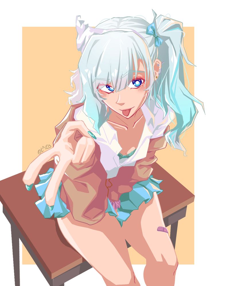 Mint Fantome flagrantly disregarding her school's appropriate attire policy, rocking long nails, piercings, and a side ponytail, sitting on top of a desk doing that gal-peace thing where your fingers point down.