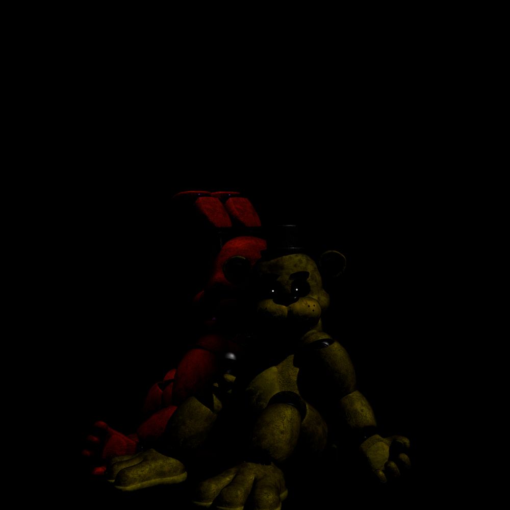 Yellow bear staring straight at the cam. sitting down on the floor.
Meanwhile,yellow bunny lies in the background. (fun fact,that light is suppose to be purple lol)