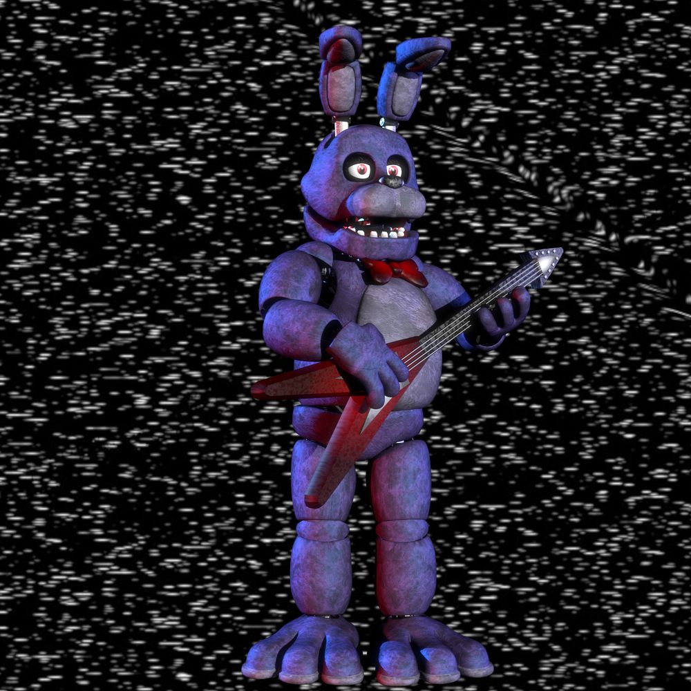 A render of bonnie the bunny,his ears bend,he holds his guitar.
In the background,static. 