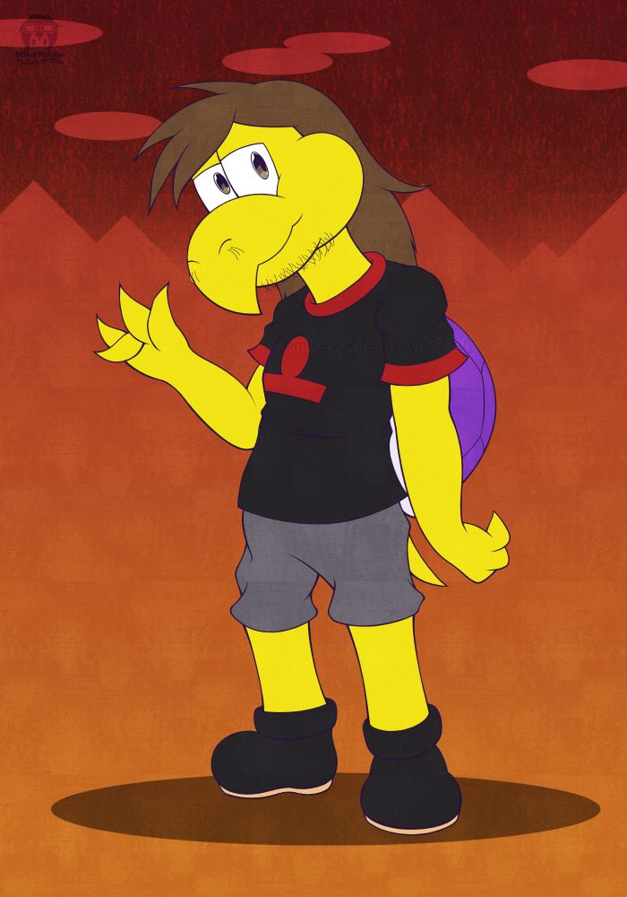 Illustration featuring a Koopa Troopa OC standing up, head leaning downward and looking at the viewer with a neutral expression.