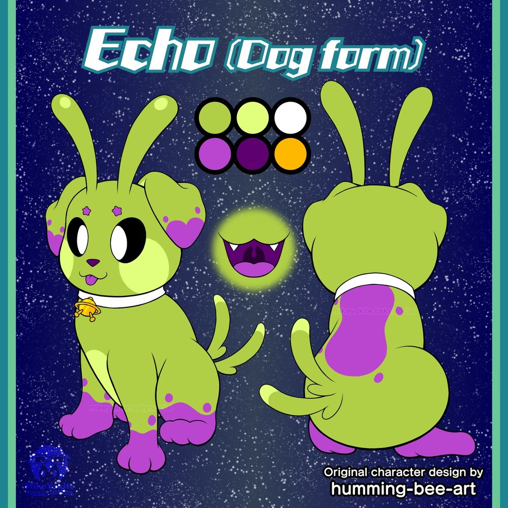 Reference sheet for Echo's dog form.
The image shows his design from front and back, with his color scheme included. A small drawing of their open mouth is included for coloring details.
