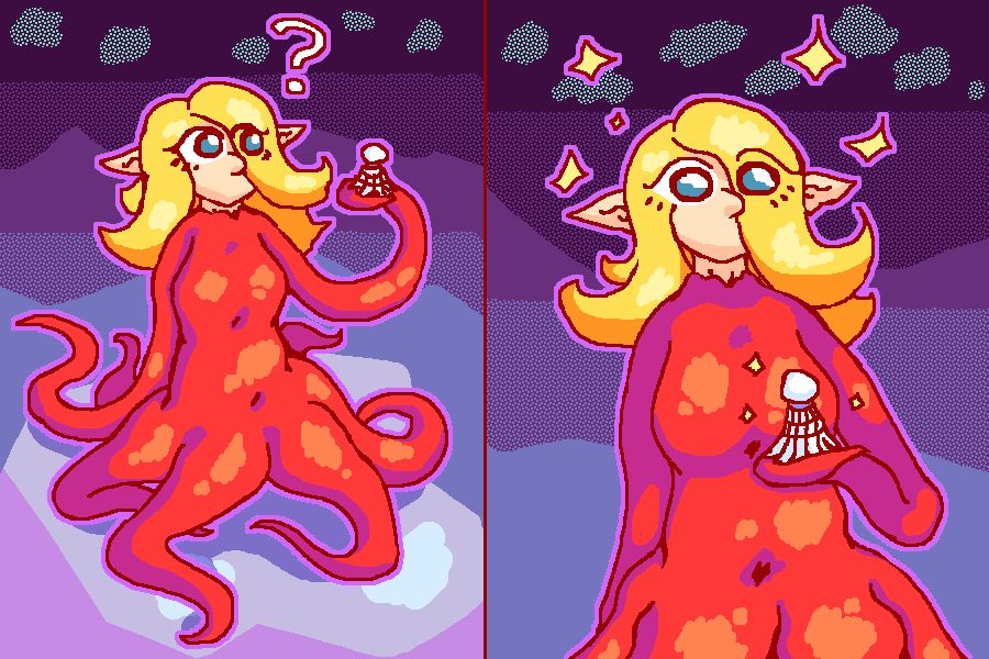 An octopus-mermaid named Fiola is gazing at a shuttlecock with admiration. They are shaped in a very similar manner, after all.